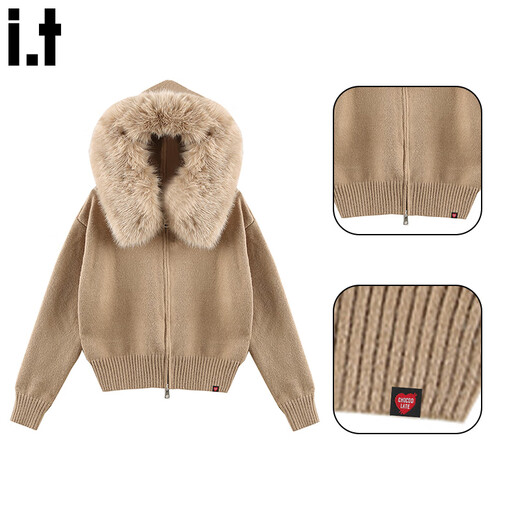 CHOCOOLATE it Women's White Fur Collar Double Zipper Sheep Wool Knitted Cardigan Sweater Women Winter New Short Jacket Women Yellow One Size