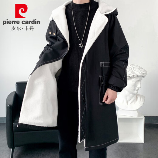 Pierre Cardin windbreaker men's mid-length coat autumn and winter warm cotton coat winter velvet thickened sherpa coat hooded cloak black-velvet thickened XL 140-160Jin Jin equals 0.5 kg