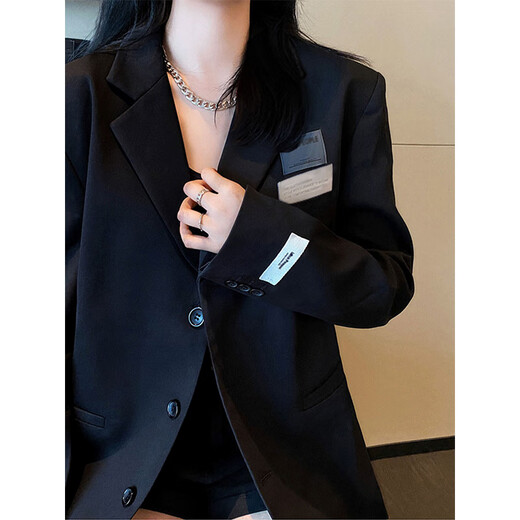 He Jiagong black suit jacket for women 2025 autumn small high-end casual loose Korean style interview suit top black L recommended 105-120 Jin Jin equals 0.5 kg