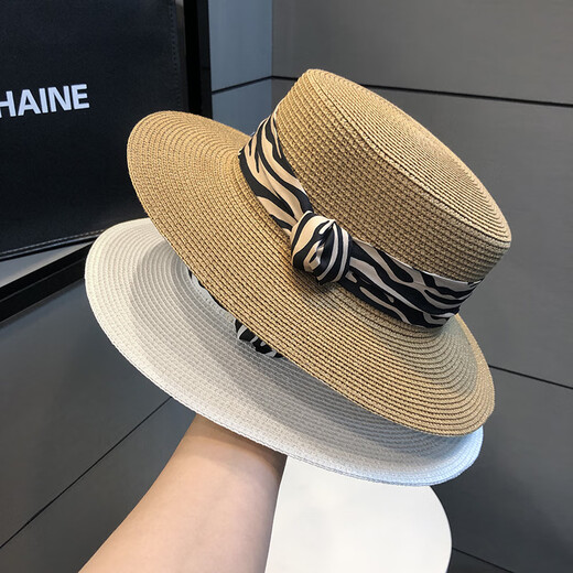 Pengxuan flat top hat for women summer French fashion new straw sun hat seaside sun protection straw hat white M (56-58cm)