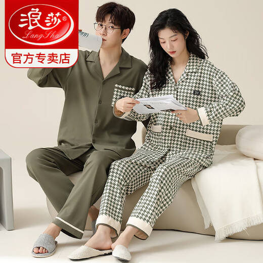 LangSha pure cotton couple pajamas spring and autumn style long-sleeved cute cartoon men and women large size loose trendy cardigan home wear set 58306 L Women get 3XL for men