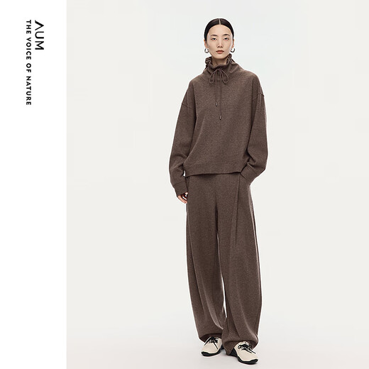 AUM (AUM) easy suit AUM 2025 winter new sesame dot jacquard knitted sweatshirt straight pants light brown bottoms XL