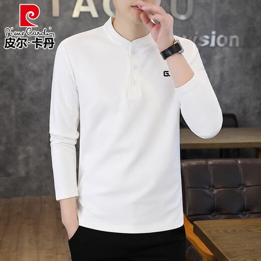 Pierre Cardin (Pierre Cardin) stand collar long-sleeved T-shirt men's spring and autumn inner layering shirt autumn and winter trendy Henley collar sweatshirt plus velvet top white M
