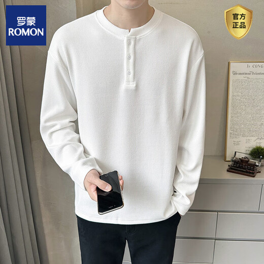 ROMON Henley collar long-sleeved T-shirt for men 2025 new spring and autumn style autumn coat button solid color inner layering shirt sweatshirt for men Gray Apricot M 90-115Jin Jin is equal to 0.5 kg