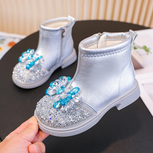 Velvet girls' boots 2025 spring, autumn and winter children's Elsa Princess shoes girls Martin boots crystal short leather boots winter blue size 28 inner length 17 cm