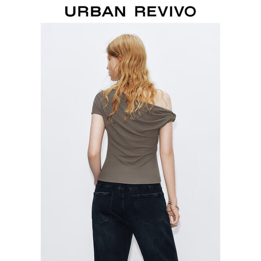 UR2025 new autumn women's trendy shoulder collar twisted slim T-shirt UWJ450152+ light gray brown M