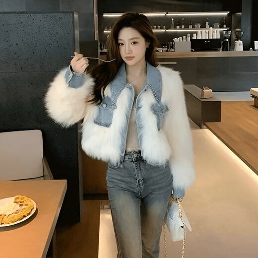 Madian 2025 New Denim Splicing Furry Autumn and Winter Imitation Fur Women's Cotton Thickened Small High Waist Fashion Short Jacket White M Recommended 80-100Jin Jin is equal to 0.5 kg