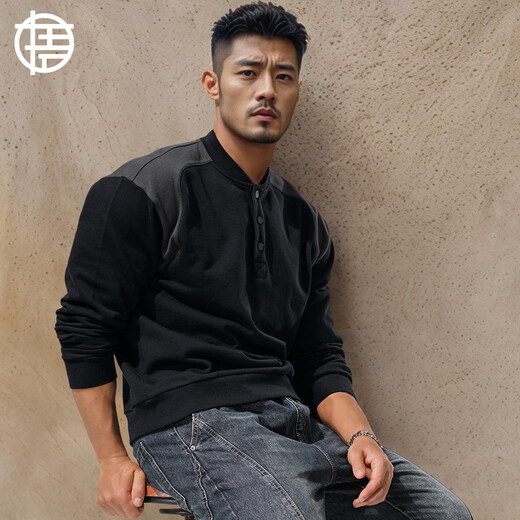 Enlightenment 380G heavyweight thickened Henley sweatshirt men's waist stitching contrasting loose cotton long-sleeved T-shirt autumn and winter black 2XL (160-180Jin Jin is equal to 0.5 kg)
