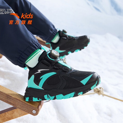 ANTA Children's Shoes Children's Cotton Shoes Boys' Sports Shoes 2025 Winter Shopping Mall Same Style Children's Shoes Plus Velvet Warm Snow Boots Boys Black/Fluorescent Aqua-2 Size 29