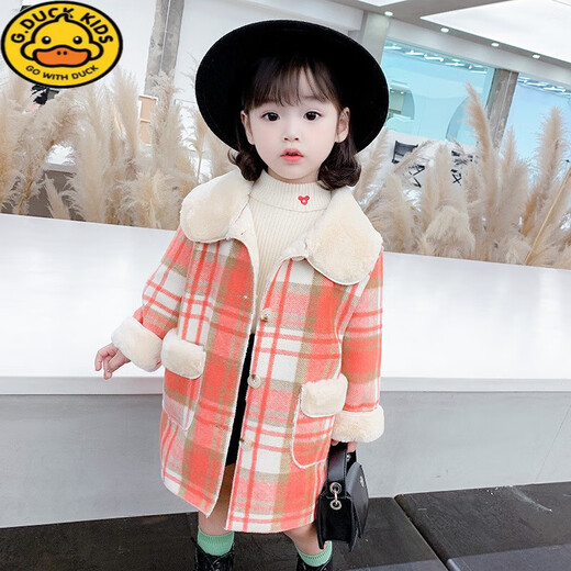 G.DUCKKIDS Girls' Plaid Woolen Coat 2024 Autumn and Winter New Style Western Style Baby Girl Temperament Mid-Length Velvet Woolen Coat Purple Plaid 130 cm