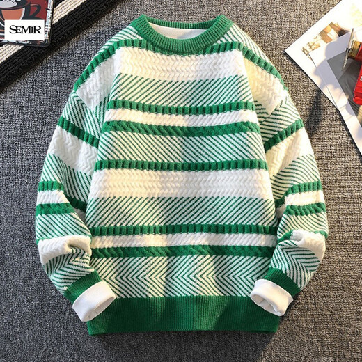 Pierre Cardin Youth Sweater Men's Autumn and Winter Thickened Inner Feeling Super Nice Contrast Color Striped Knitted Bottoming Shirt Black