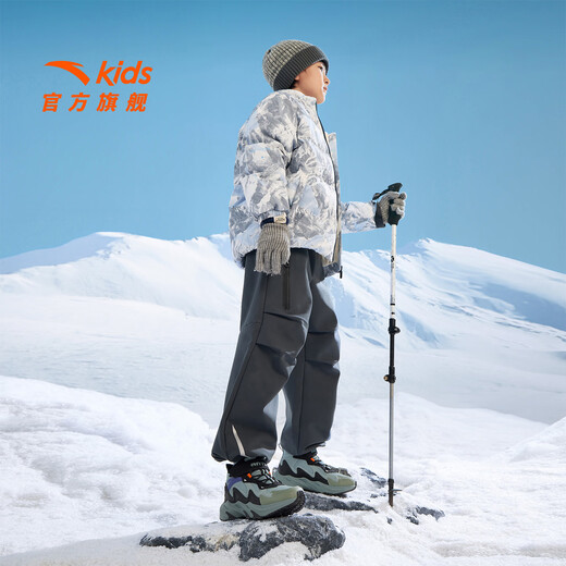 ANTA children's cotton shoes for men and women, big children, autumn and winter, new leather surface, waterproof, non-slip, velvet and Velcro outdoor high-top snow boots, recommended by the store manager, gray/black/slightly smoked green-6 37, shoe inner length 23.5cm