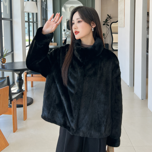 Muqiantang Mink Fur Coat Women's Full Mink Coat Women's Short Velvet Mink Stand Collar Top Fur Women Black Stand Collar One Size Recommended Weight (80-135)