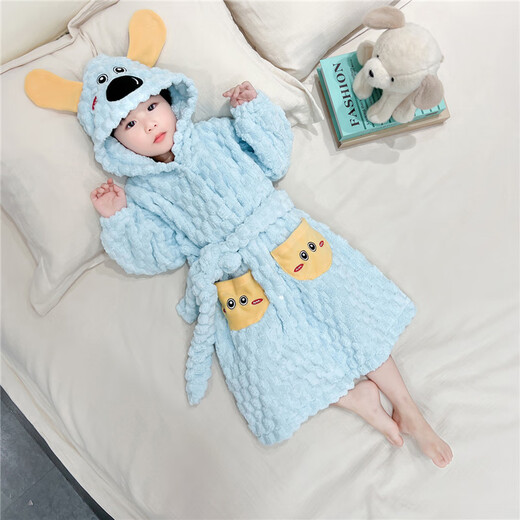 G.DUCKKIDS Little Yellow Duck Children's Pajamas Boys Coral Velvet Winter Hooded Dinosaur Pajamas Boys Baby Home Clothes Bath Towel Gray 90 cm Recommended Height 85-95cm