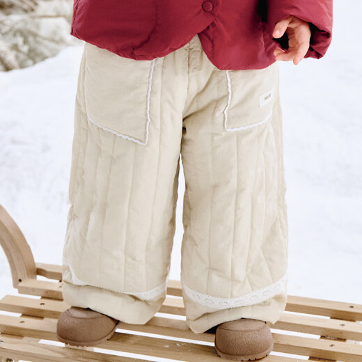 嫚熙（EMXEE）嫚熙童装儿童裤子冬季加厚保暖夹棉长裤女宝百搭外出棉裤 浅茶杏 建议温度5°C-15°C 90