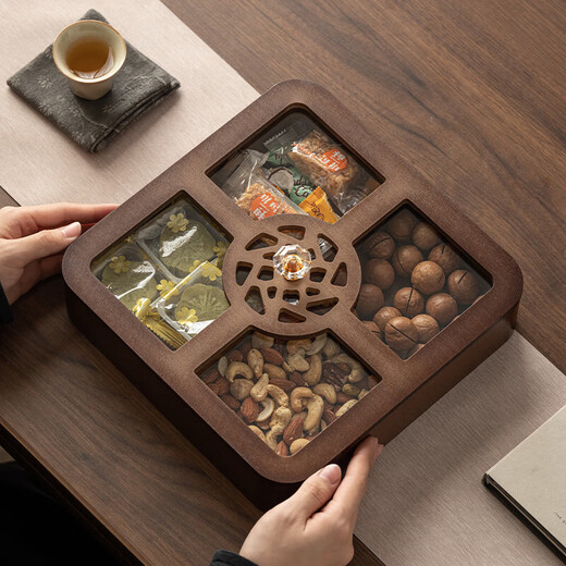New Chinese style household nut refreshment palace grid dried fruit plate fruit plate living room coffee table snack snack display candy plate walnut color-window flower fruit plate 25*25*5