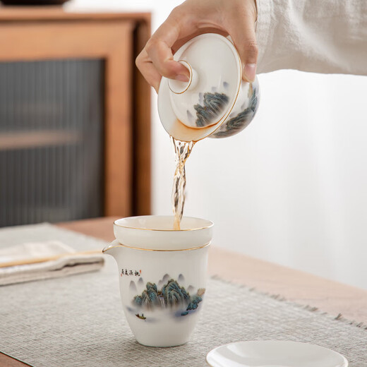 Gold inlaid jade mutton fat jade porcelain tea set Household ceramic tureen teapot teacup Kung Fu tea set complete gift box Taoyuan Yiju teapot tureen set 13 pieces