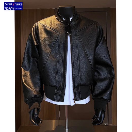 Yu Ruike American deconstructed short leather jacket men's handsome motorcycle baseball uniform trendy workwear bomber jacket black M 90-110Jin Jin is equal to 0.5 kg