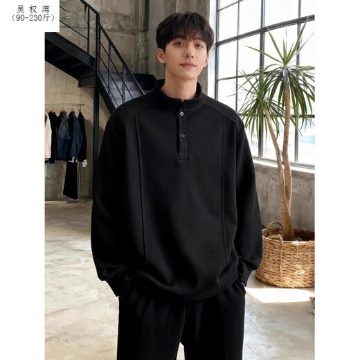 Wu Quanwan American style heavyweight velvet Henry collar inner layering shirt men's cleanfit simple right shoulder slim long-sleeved sweatshirt Black plus velvet models are in stock now Black plus velvet 5XL