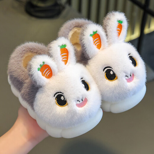 Yi Cong children's cotton slippers for boys and girls in autumn and winter indoor warm plush home shoes for children, cute baby cotton shoes for winter, blue carrot rabbit, size 22-23, inner length 13.5, about 1-2 years old, small size