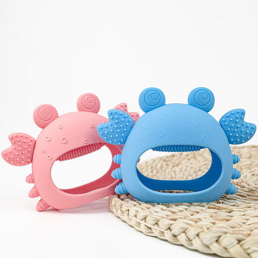 Teether, baby food grade silicone latex toothbrush, chewing gum molar stick, chewing teether, anti-eating hand teether, pacifier, crab, blue, 1 pack