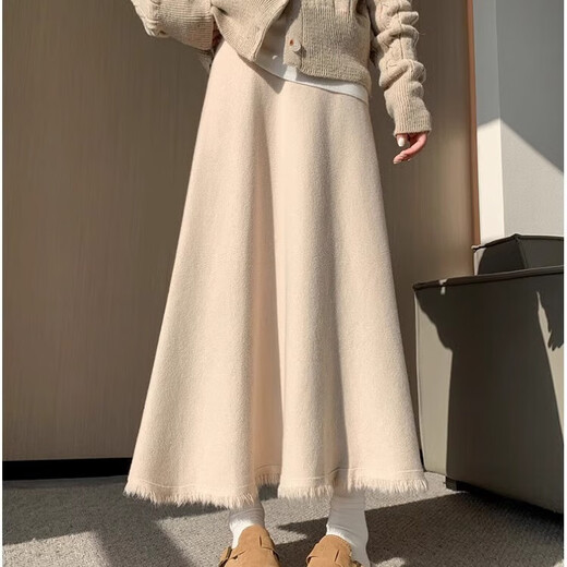 Xi'er hem tassel knitted A-line skirt for women in autumn and winter for small people with drapey large hem umbrella skirt high waist mid-length skirt off-white one size fits all 80-130 Jin Jin is equal to 0.5 kg, skirt length is about 75