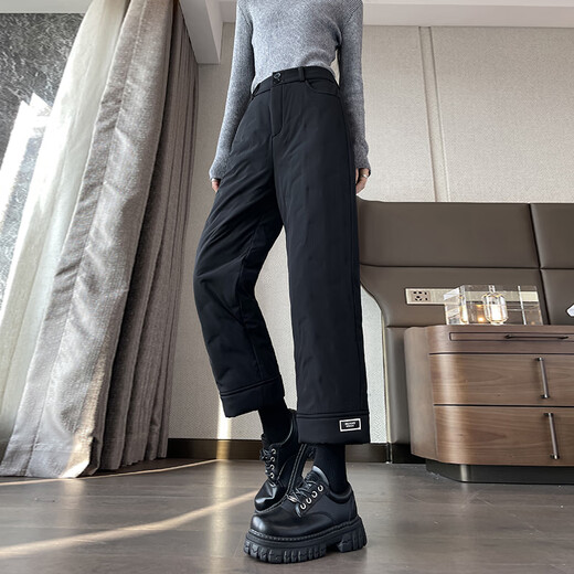 KOVLLIAEN Down Pants Women's Winter Fashion Straight Thickened Warm Plush Pants High Waist Coldproof Nine-Point Cotton Pants for Small People Black XL