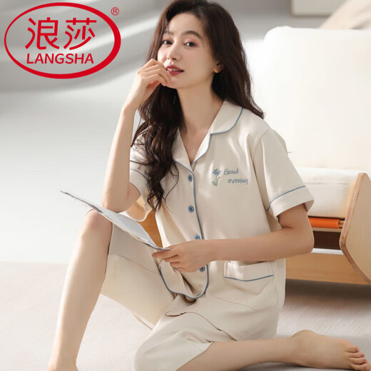 Langsha Pajamas de algodón puro para mujeres en el verano 2025 Nuevo pantalones de manga corta de alta gama Cárdigan de gran tamaño para mujeres que usan ropa para el hogar N9898 Pantalones de manga corta/recortada Cárdigan XL (120-140Jin [Jin equivale a 0.5 kg])