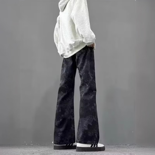 Yiran presents American high street vibe style jacquard camouflage jeans for men spring and autumn new design straight-leg slightly flared pants for men black L recommended 115-130 Jin Jin equals 0.5 kg