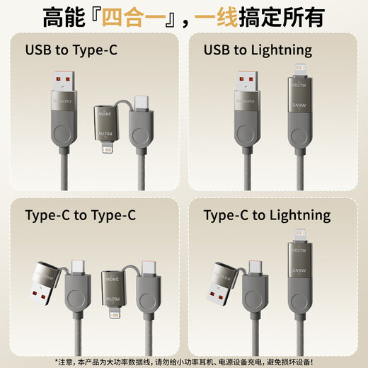Bemo magnetic charging cable 240W power fast charging four-in-one data cable car data cable suitable for Apple 17/16/iPad/notebook/Huawei/Xiaomi 1.2m