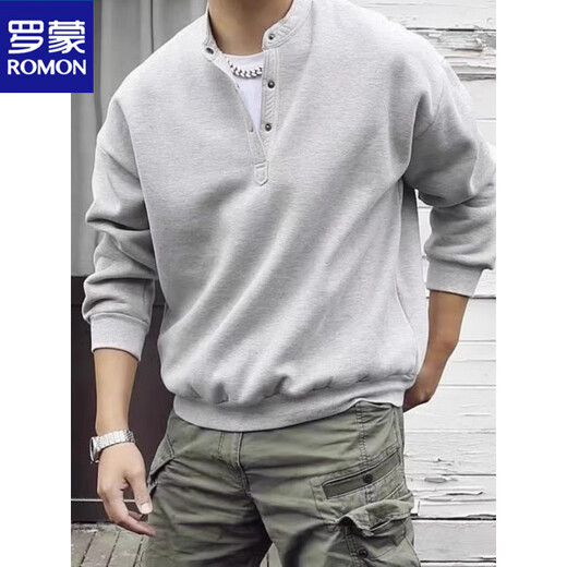 ROMON Japanese retro autumn and winter men's Henry collar long-sleeved bottoming shirt casual loose pullover sweatshirt thickened large size men's trendy gray plus velvet style high quality M