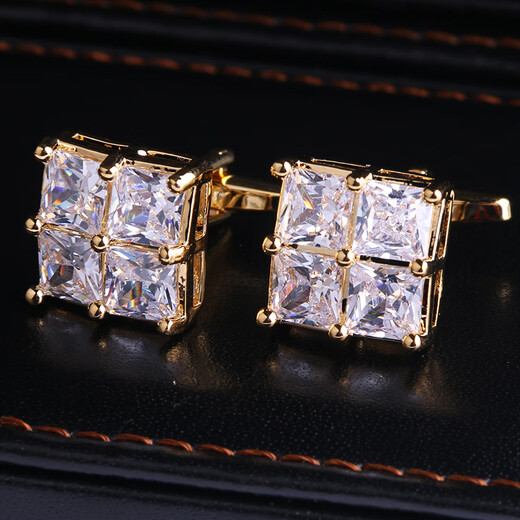 Lieshang men's French shirt cufflinks, formal suit shirt, long-sleeved double-layer folding cuff buttons, gold white crystal, gold four-square white crystal cufflinks