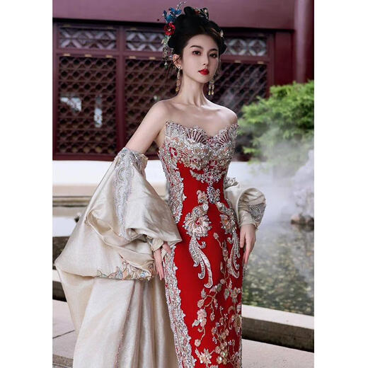 Xiuhe Shijia Xiuhe Clothing New Tube Top Bridal High-end Going Out Clothes Retro Trailing Heavy Industry Slim Small N-869 Luxury Style (Cheongsam)_ S