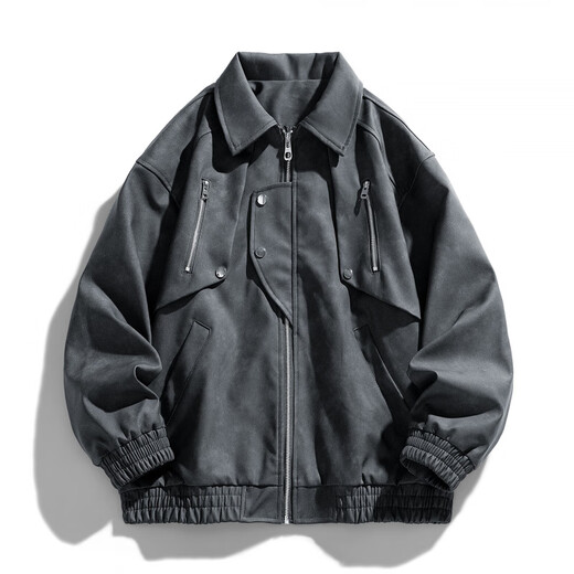 Classic car lapel retro leather jacket men's washed PU leather handsome American casual motorcycle jacket dark gray M