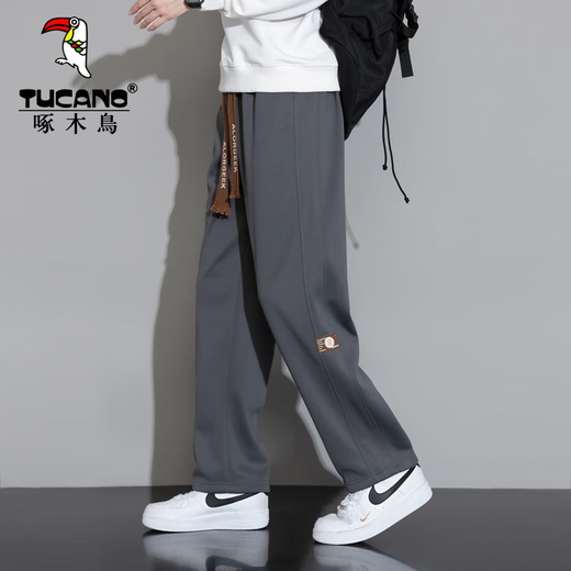 Woodpecker Casual Pants Men's Autumn and Winter Plus Velvet 2025 New Straight Leg Sports Pants Loose Wide Leg Casual Long Pants Khaki XL (Recommended 125-150Jin Jin equals 0.5 kg)