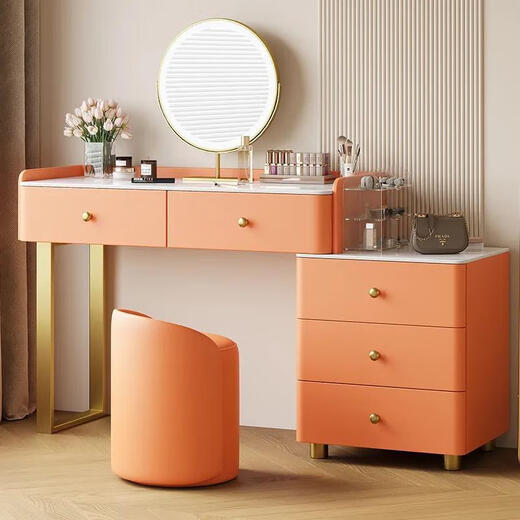 Chugouxiang's new light luxury combination solid wood dressing table, bedside storage cabinet, integrated women's bedroom, modern cream style makeup table, smart mirror - silicone leather - solid wood frame, counter, stool mirror, complete set, length 80cm