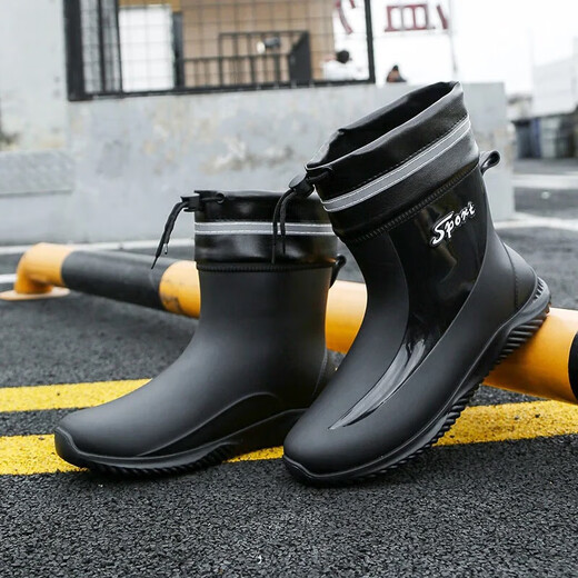 Herren Regenschuhe elastische Kordelschnur Mittelröme nicht rutschfeste wasserdichte Schuhe Weiche Sohle Wasserstiefel Dicke Sohle bequeme Küchenkleidung-resistente helle Schuhe Schwarz plus wasserdichtes Mund, nicht entfernt zu werden 43