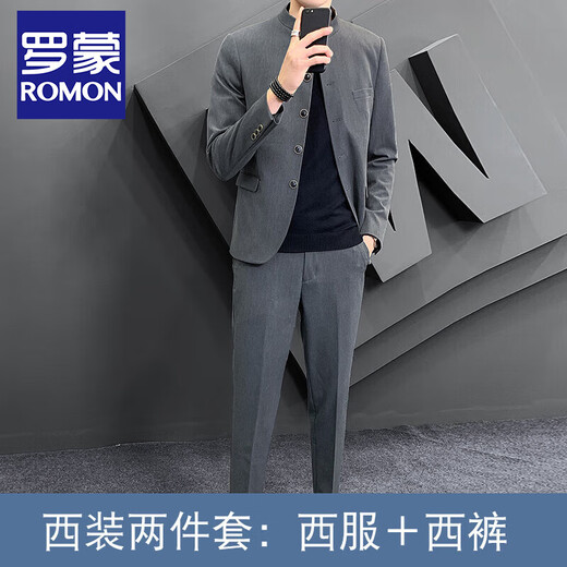 ROMON New style Chinese tunic suit men's suit trendy youth handsome retro stand collar wedding Tang suit small suit black single suit XL