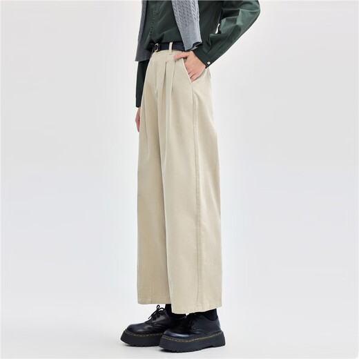 Pantalones de pellizco de Giordano para mujeres Pora de algodón puro estilo retro prensado y plisado Cintura semiástica Pantalones informales de pierna ancha 05424683