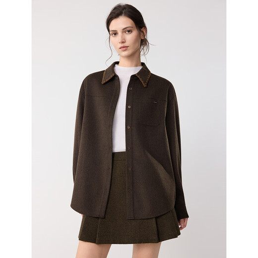ELLE Retro Sheep Wool Embroidered Lapel Shirt Women's 2025 Winter New Design Loose Niche Shirt Brown S