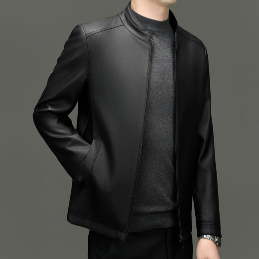 Lilang Autumn and Winter Men's Leather Jacket Fashionable Brand Stand Collar Dad Casual Jacket Simple Handsome Leather Jacket Men's Thin Black M 170