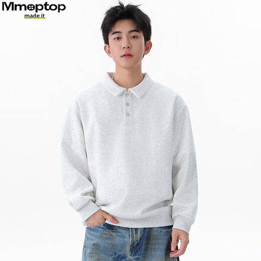 MMOPTOP Japanese heavyweight Chinese cotton polo collar sweatshirt autumn and winter men's loose inner long-sleeved MWY21 white flower gray L