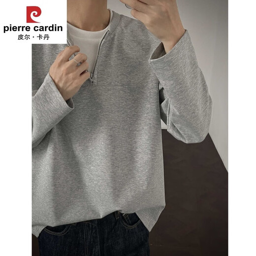 Pierre Cardin brand inner fake two-piece sweatshirt men's spring and autumn bottoming shirt trendy brand retro American half-zip Henley long-sleeved black upgraded model M 95 to 115 Jin Jin equals 0.5 kg can be worn