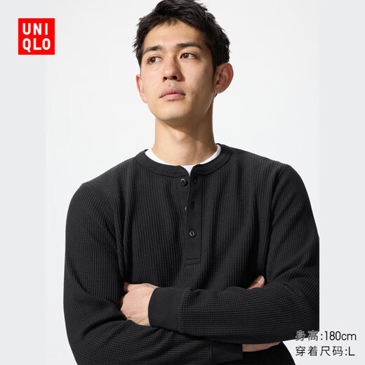 Uniqlo Men's and Women's Couples Waffle Henry Collar Pullover Long Sleeve T-Shirt 25 Autumn and Winter New 479784 09 Black L