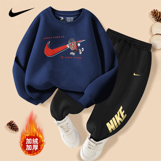 NIKE Nike Boys Suit Plus Velvet Winter 2025 New Girls Sports Cotton Sweater Two-piece Set Children's Long Sleeve Indigo 2198 Autumn and Winter Plus Velvet Style High Weight 140 /S Recommended Height 128-140cm