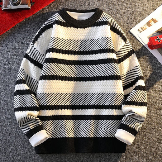 Pierre Cardin Youth Sweater Men's Autumn and Winter Thickened Inner Feeling Super Nice Contrast Color Striped Knitted Bottoming Shirt Black