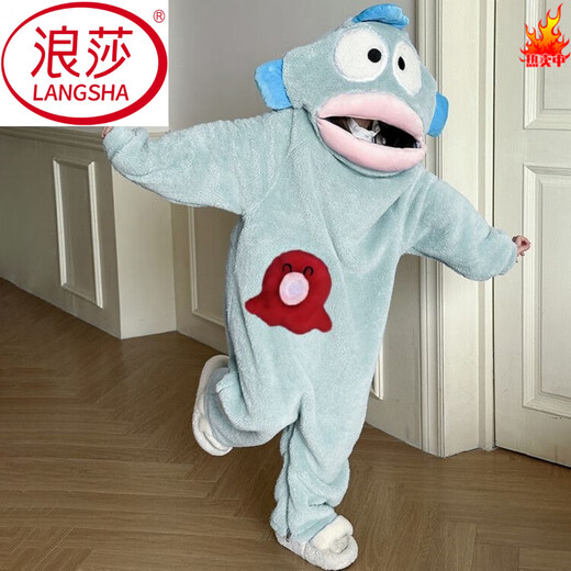 LangSha Ugly Fish children's flannel cute one-piece pajamas autumn and winter thickened warm coral velvet parent-child home clothes plus velvet 622 Ugly Fish one-piece + shoes M 16 size recommended weight 55-68 Jin Jin equals 0.5 kg