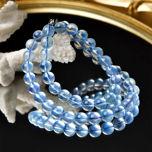 Quan Yin Light Luxury Brand Aquamarine Necklace Women's Crystal Clavicle Chain Ice Seed Blue Pendant Boy's Birthday Gift 1 Carat Beads Longest Approximately 8mm Length Approximately 40cm