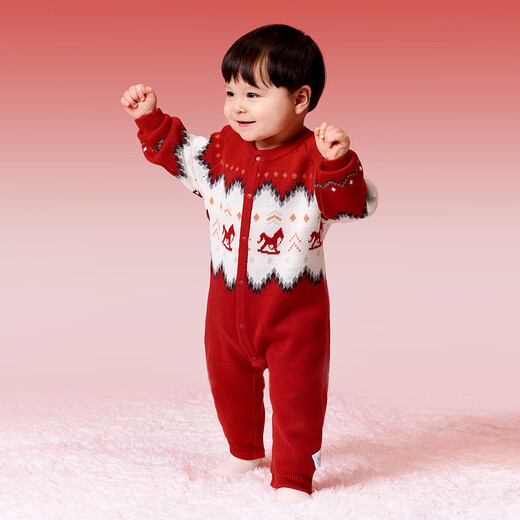 Tongtai (TONGTAI) baby jumpsuit spring and autumn pure cotton baby clothes children's New Year knitted crawler suit New Year greeting suit red 90cm