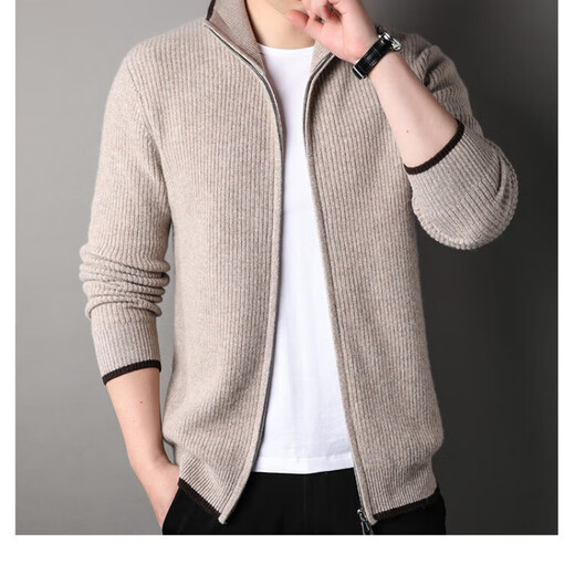 TJQ high-end British brand cardigan wool sweater for men 2025 autumn and winter thickened men's turtleneck sweater jacket light khaki 4XL 195 suitable for 190-220Jin Jin equals 0.5 kg
